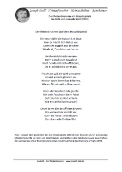 Gedicht von Joseph Stoll in Bensheimer Mundart, welches die Wirkung des Weins aus der Sicht der zwei Putten auf der Brunnensäule schildert, um 1935.