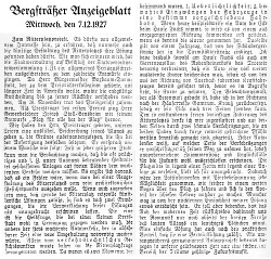 Bergsträßer Anzeigeblatt vom 7.12.1927 zur Neugestaltung des Ritterplatzes, Gewinner des Ideenwettbewerbs Joseph Stoll stellt sein Konzept vor.