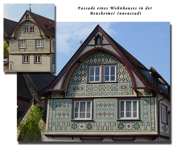 Bilder der Sgraffito-Fassade in der Hauptstraße, am Hospitalplatz, in Bensheim