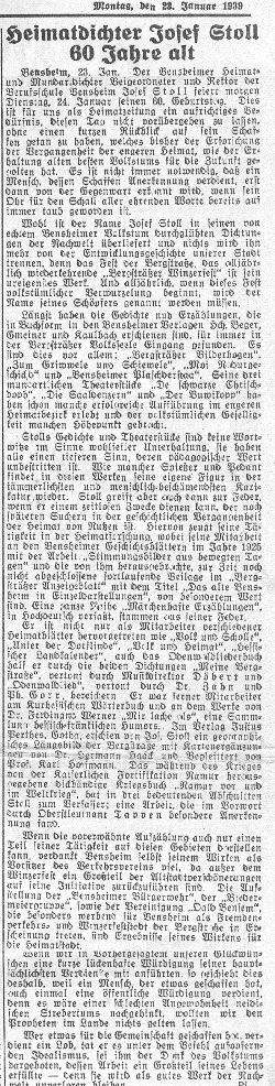 Joseph Stoll - Würdigung seiner Leistungen und Verdienste in einem Zeitungsartikel des Bergsträßer Anzeigeblatts vom 23.01.1939