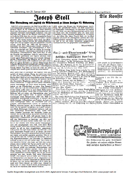 Joseph Stoll - Eine Betrachtung und zugleich ein Glückwunsch zu seinem heutigen 50. Geburtstag - Zeitungsartikel im Bergsträßer Anzeigeblatt vom 23.01.1929 von Eduard Haßloch, PDF, 2 Seiten