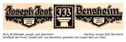 Briefkopf der Firma"Joseph Jost Bensheim", gestaltet von Joseph Stoll, um 1920. Text: "Joseph Jost, Bensheim; Farben, Lacke, Leime, Mineralöle, Fette."