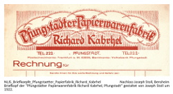 Briefkopf "Pfungstädter Papierwarenfabrik - Richard Kabrhel, Pfungstadt", gestaltet von Joseph Stoll, 1922.