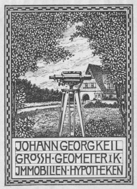 ExLibris für den Grossherzoglichen Geometriker Johann Georg Keil, Größe: 70 mm x 50 mm, Text: Johann Georg Keil, Grossherzoglicher Geometriker, Immobilien, Hypotheken, keine weiteren Informationen vorhanden.