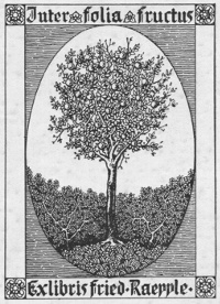 ExLibris für Friedrich Raepple, Größe: 75 mm x 50 mm, Text: inter folia fructus (Zwischen den Blättern, die Früchte), keine weiteren Informationen vorhanden.