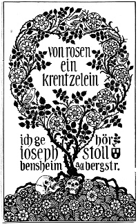 ExLibris für Joseph Stoll, um 1920, Größe: 195 mm x 120 mm, Text: von Rosen ein Krentzelein - ich gehör Joseph Stoll, Bensheim a.d. Bergstraße, keine weiteren Informationen vorhanden.