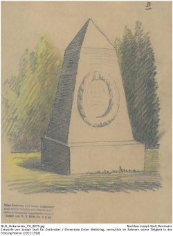 Entwurf eines Grabmals von Joseph Stoll. Obelisk mit Kranz und Inschrift auf der Vorderseite.  Kennung: NLJS_Dokumente_CV_0673