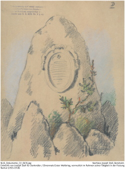 Entwurf eines Grabmals von Joseph Stoll. Findling mit Kranz und Inschrift auf der Vorderseite. Umrandet von weiteren Findlingen. Kennung: NLJS_Dokumente_CV_0676