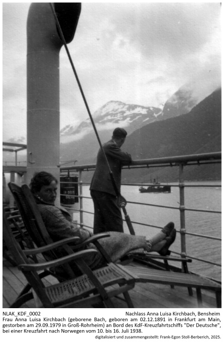 Kennung: NLAK_KDF_0002.jpg; Frau Anna Luisa Kirchbach (geborene Bach, geboren am 02.12.1891 in Frankfurt am Main, gestorben am 29.09.1979 in Groß-Rohrheim) an Bord des KdF-Kreuzfahrtschiffs 
