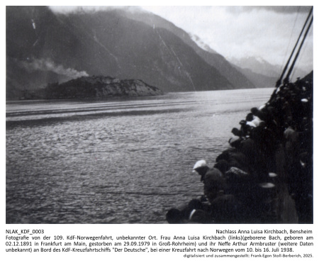 Kennung: NLAK_KDF_0003.jpg; Fotografie von der 109. KdF-Norwegenfahrt, unbekannter Ort. Frau Anna Luisa Kirchbach (geborene Bach, geboren am 02.12.1891 in Frankfurt am Main, gestorben am 29.09.1979 in Groß-Rohrheim) und ihr Neffe Arthur Armbruster (weitere Daten unbekannt) an Bord des KdF-Kreuzfahrtschiffs 
