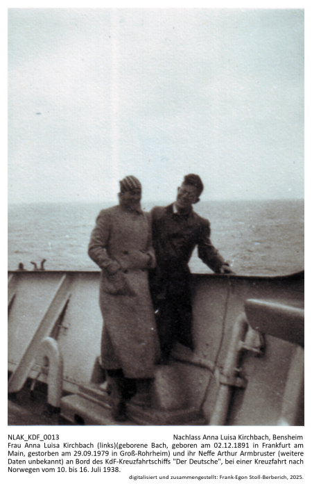 Kennung: NLAK_KDF_0013.jpg; Frau Anna Luisa Kirchbach (links)(geborene Bach, geboren am 02.12.1891 in Frankfurt am Main, gestorben am 29.09.1979 in Groß-Rohrheim) und ihr Neffe Arthur Armbruster (weitere Daten unbekannt) an Bord des KdF-Kreuzfahrtschiffs 