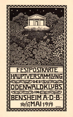 Postkarte anlässlich der Hauptversammlung des Odenwaldclubs 1914, Größe: , Text: Festpostkarte, Hauptversammlung des Odenwaldklubs in bensheim a.d.B. 16/17 Mai 1914, Stoll.