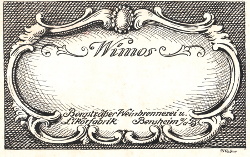 Etikett für Flaschen  "Wimos, Bergsträßer Weinbrennerei und Likörfabrik, Bensheim a/d B.", Größe: , Text: Wimos, Bergsträßer Weinbrennerei und Likörfabrik, Bensheim a/d B.