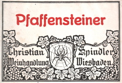Etikett für Flaschen des "Pfaffensteiner, Christian Spindler, Weinhandlung Wiesbaden.", Größe: , Text: Pfaffensteiner, Christian Spindler, Weinhandlung Wiesbaden.