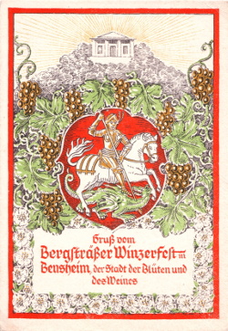 Flugblatt bzw. Postkarte zum Bergsträßer Winzerfest, Größe: , Text: Gruß vom Bergsträßer Winzerfest in Bensheim, der Stadt der Blüten und des Weines