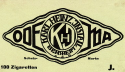 Werbung für die lokale Tabakfirma "Odewa", Größe: , Text: Odewa - KHI - Karl-Heinz Install, Bensheim a.d.B., Schutzmarke, 100 Zigaretten, J.