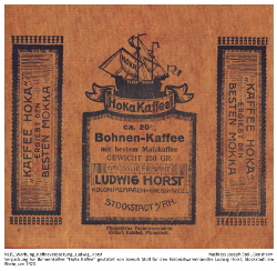 Verpackung für Bohnenkaffee "HoKa Kaffee" gestaltet von Joseph Stoll für den Kolonialwarenhändler Ludwig Horst, Stockstadt am Rhein, um 1920.