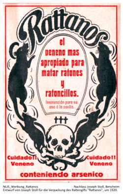 Entwurf von Joseph Stoll für die Verpackung des Rattengifts "Rattanos", um 1920.