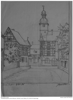 Tuschezeichnung von Joseph Stoll. Motiv: Lorsch, Rathaus, 29. Juli 1925 (4-5 Nachmittag). Kennung: NLJS_Kunst_div_002