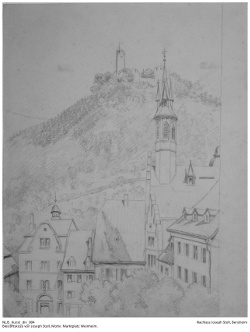 Bleistiftskizze von Joseph Stoll, Motiv: Marktplatz Weinheim. Kennung: NLJS_Kunst_div_004
