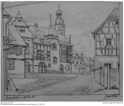 Tuschezeichnung von Joseph Stoll, Motiv: Lorsch Rathaus, 27. Juli 1925. Kennung: NLJS_Kunst_div_014.