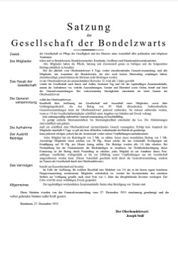 Einseitiges Dokument von 1913, welches die Vereinsregeln der Herrengesellschaft "Die Bondelzwarts" umfasst. Dies betrifft Absicht des Vereins, Ein- und Austritt, Verhaltenskodex und finanzielle Regelungen.